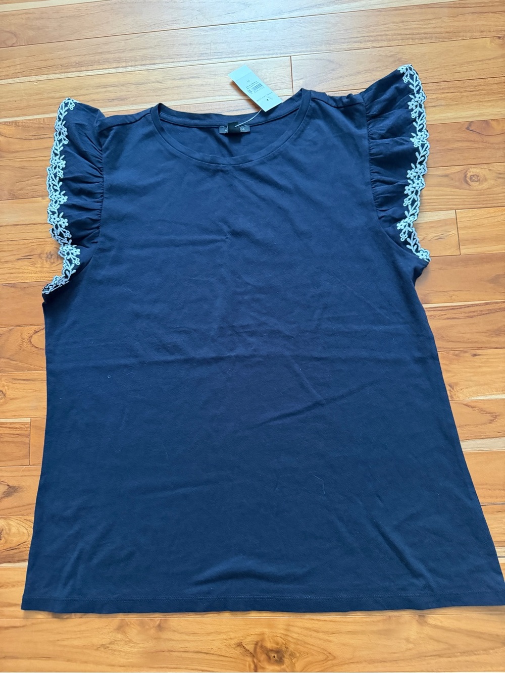 Ann Taylor Navy Tee with White Lace Flutter Sleeves